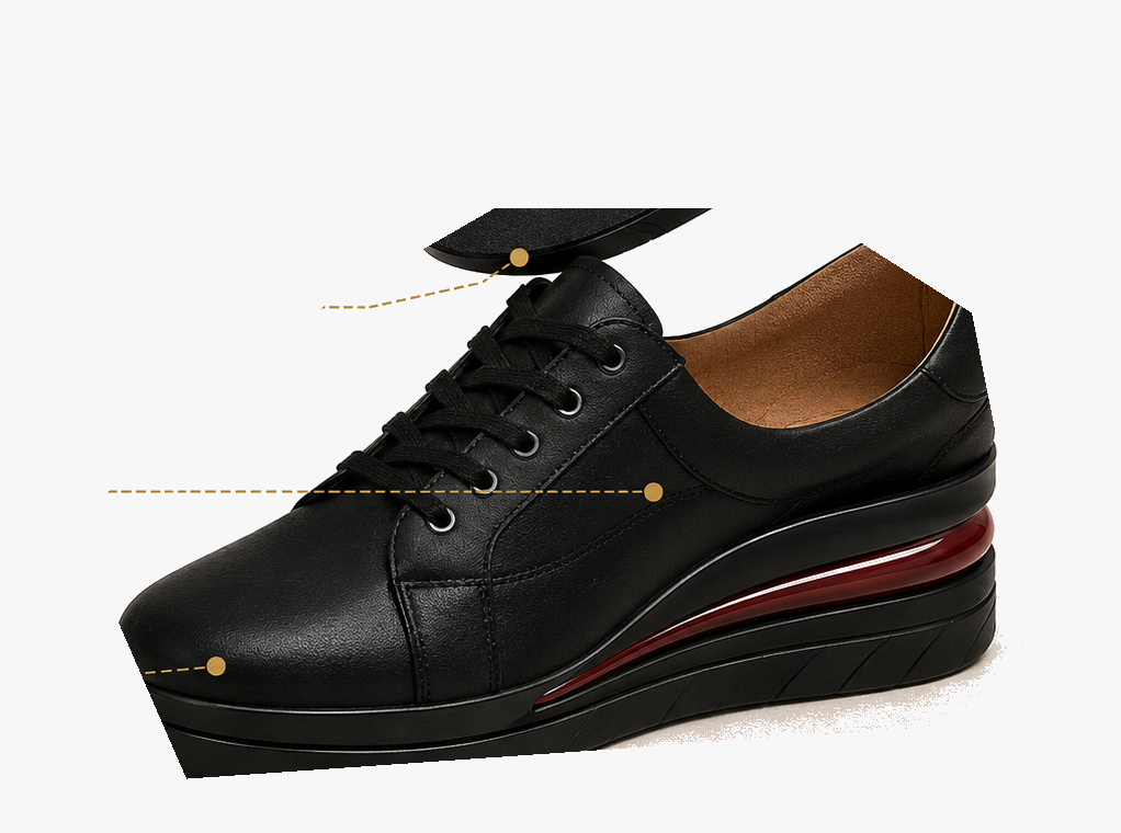 Black shoe fitted with an InsoleLux hidden height insole
