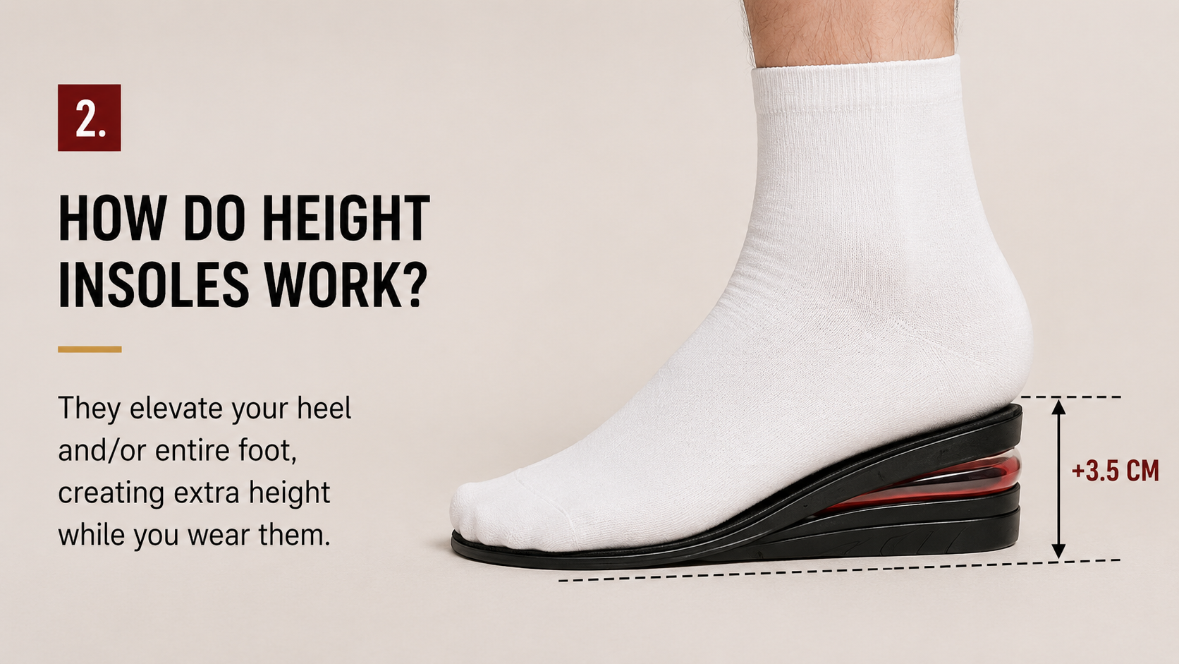 How height insoles work inside a shoe with heel lift measurement
