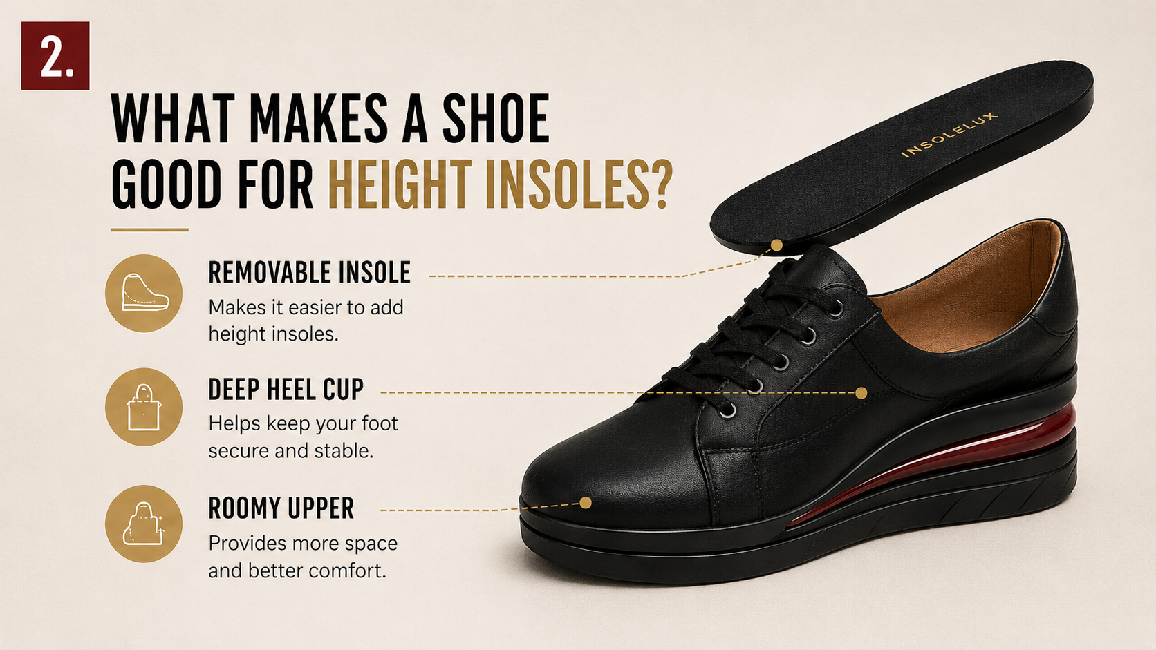 What makes a shoe good for height insoles with removable insole, deep heel cup, and roomy upper