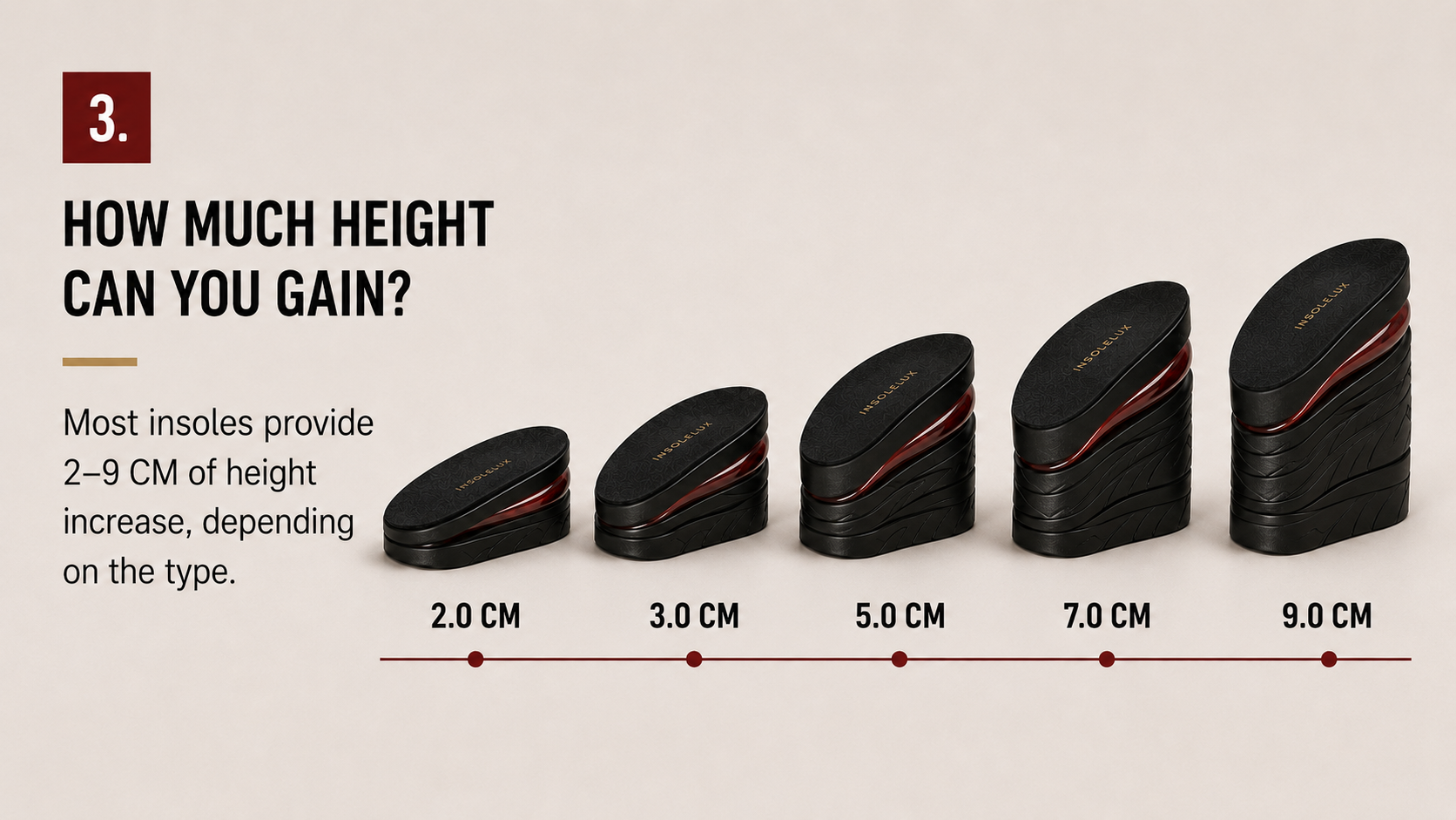 Height insole lift options from 2 cm to 9 cm