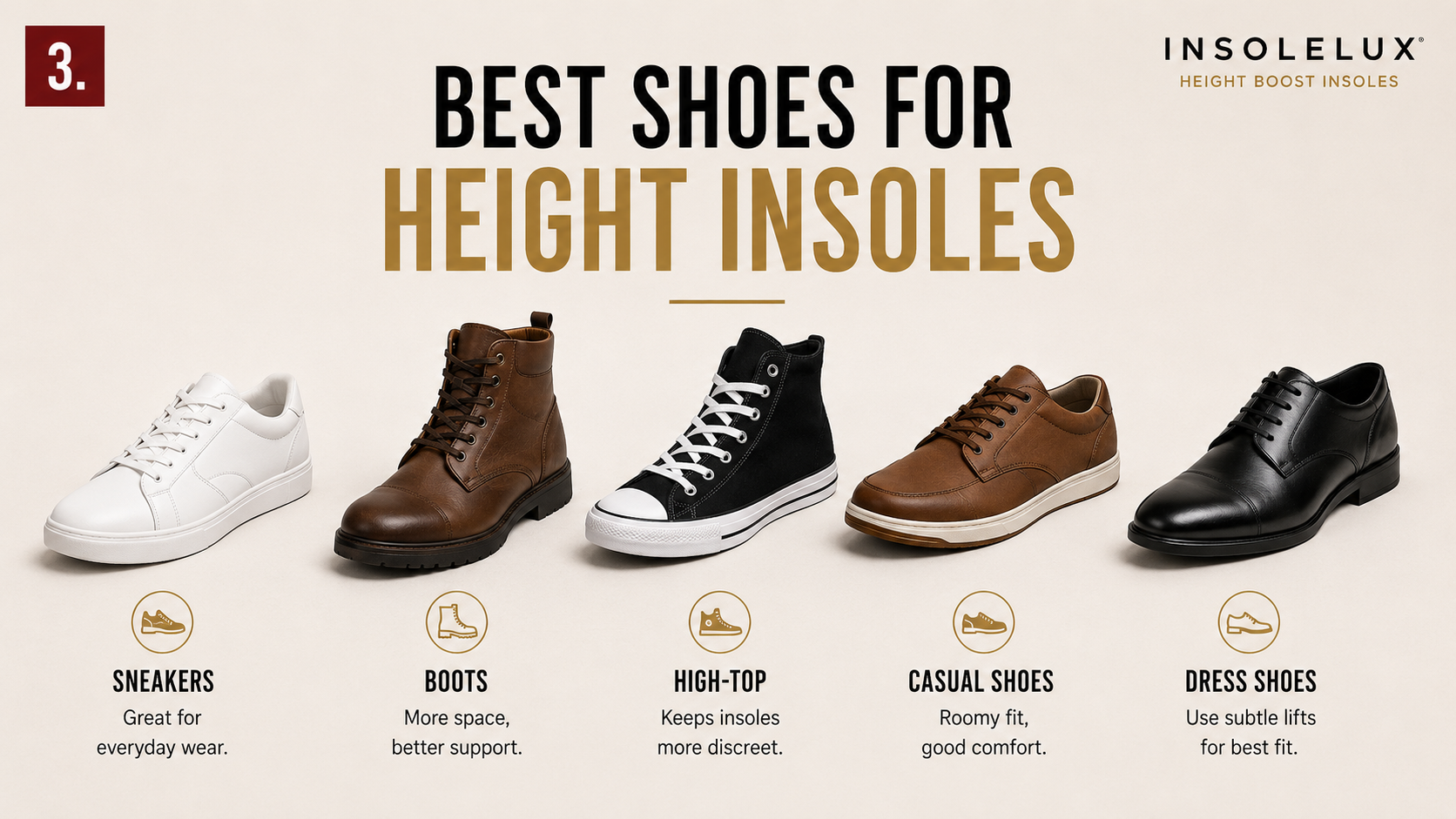 Best shoes for height insoles including sneakers, boots, high-top shoes, casual shoes, and dress shoes