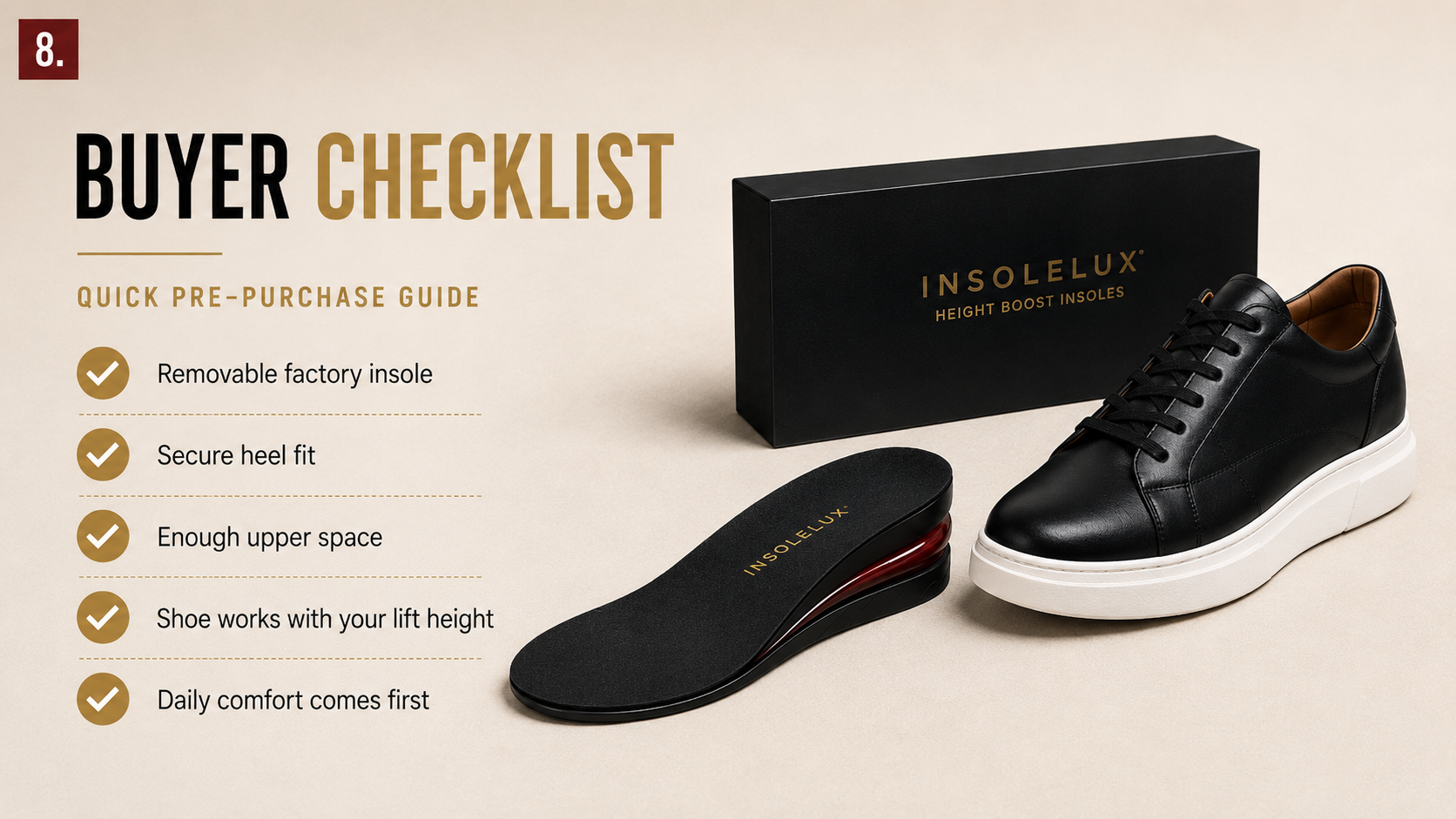 Buyer checklist before choosing shoes and height insoles