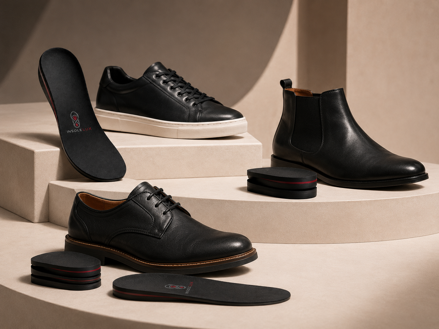 Men's shoes and height increase insoles for different footwear types
