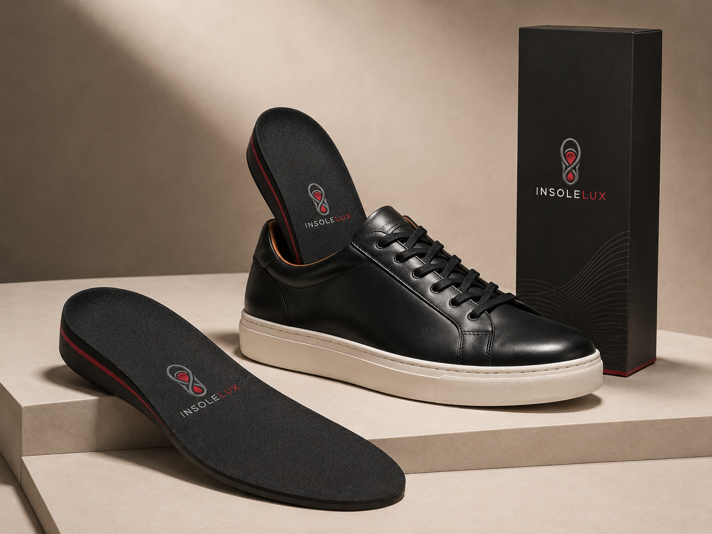 Black sneaker with height increase insole and premium InsoleLux packaging