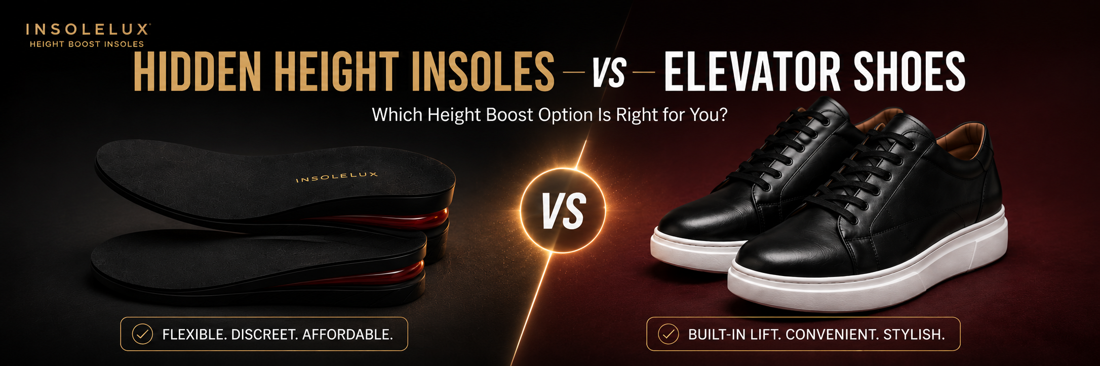 InsoleLux hidden height insoles compared with elevator shoes