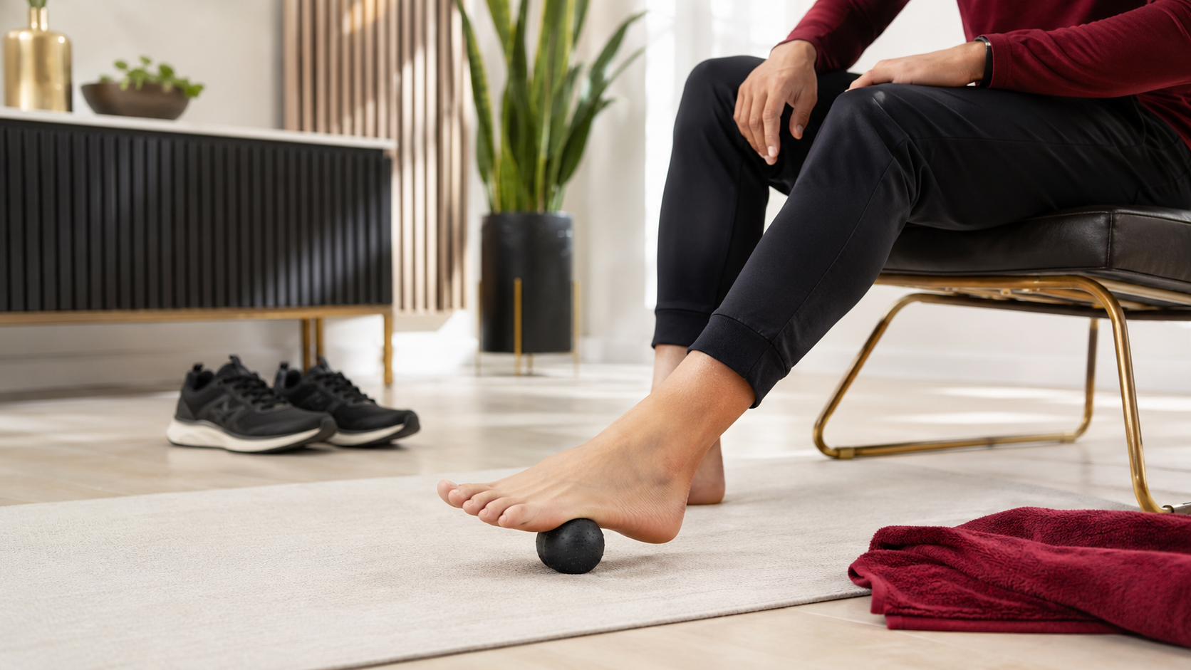 At-home plantar fasciitis treatment with foot rolling and stretching