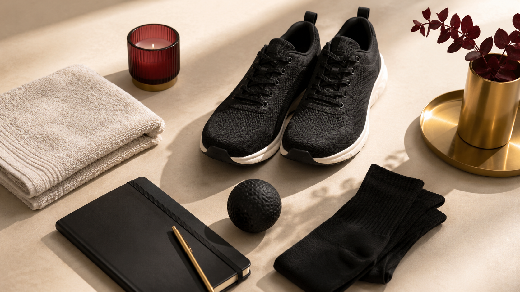 Simple plantar fasciitis recovery routine with shoes socks towel and massage ball