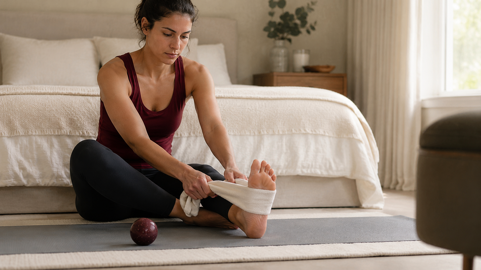 Morning towel stretch before standing for heel pain