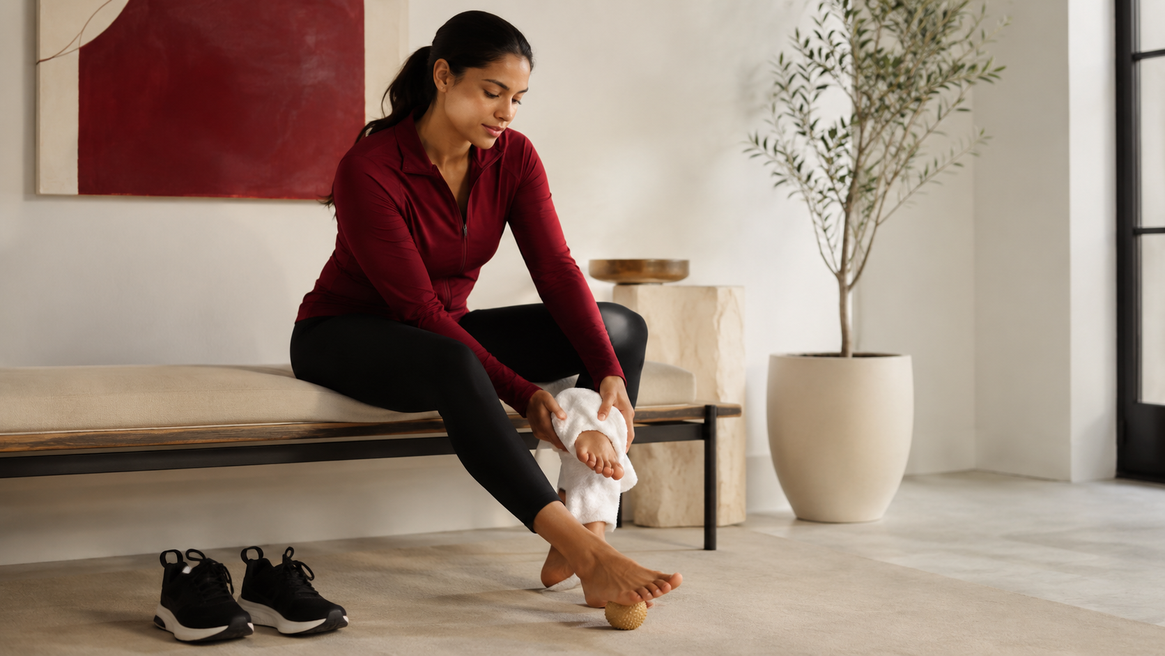 Heel pain relief routine after walking with stretching and massage ball