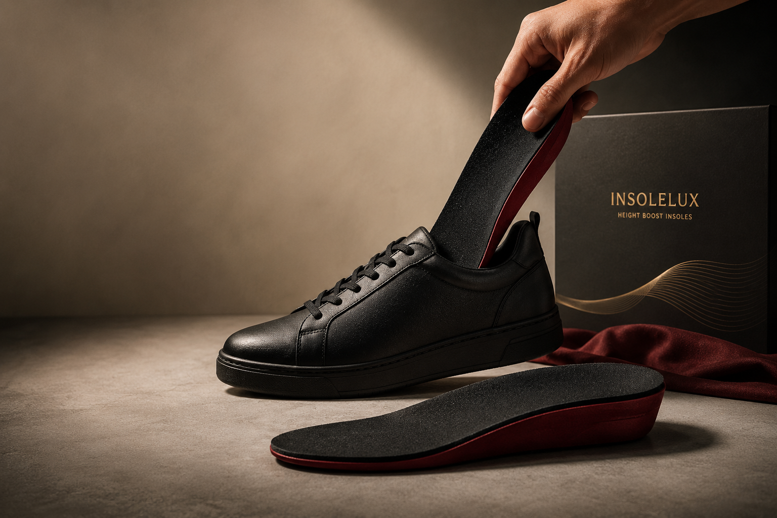 InsoleLux height insole being placed inside a black sneaker