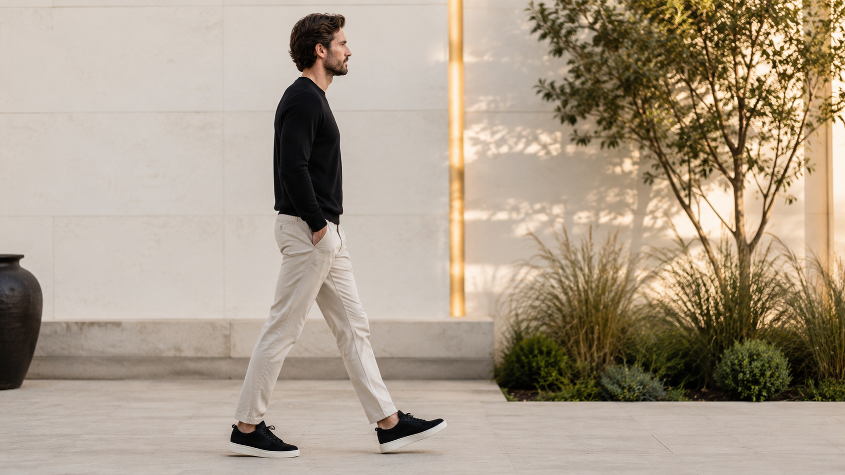 Proper walking posture with relaxed shoulders and eyes forward