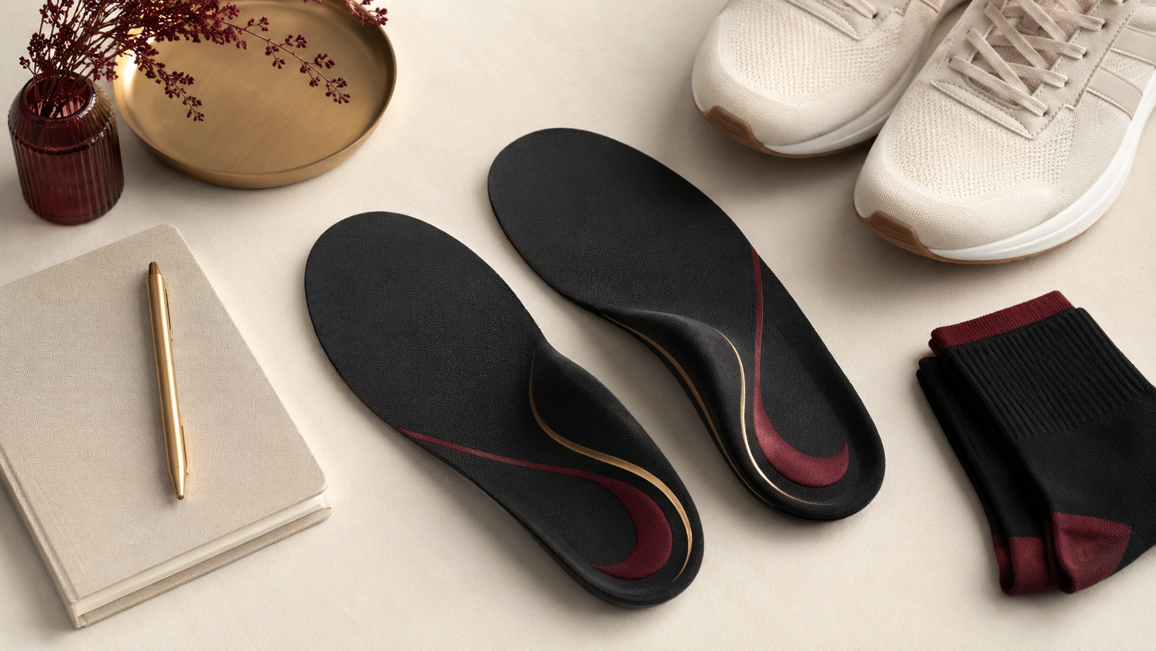 Supportive insole with arch support and heel cushioning inside shoe