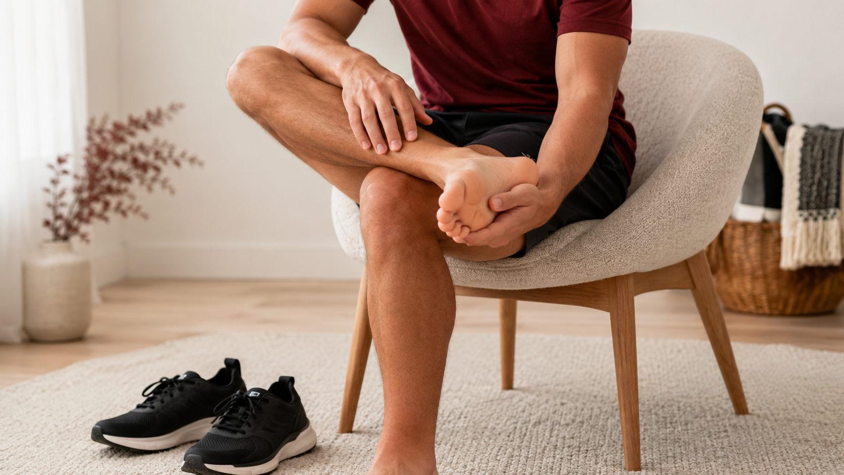 Checking heel and arch discomfort before plantar fasciitis stretch