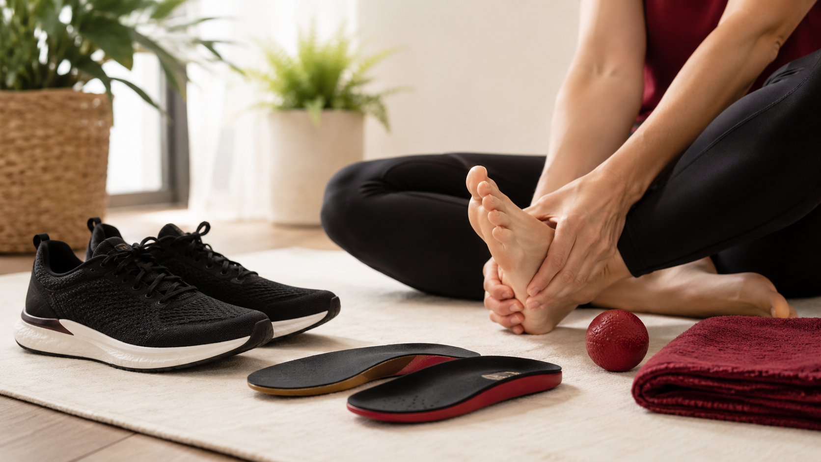 Plantar fasciitis support routine with insoles stretching and massage ball